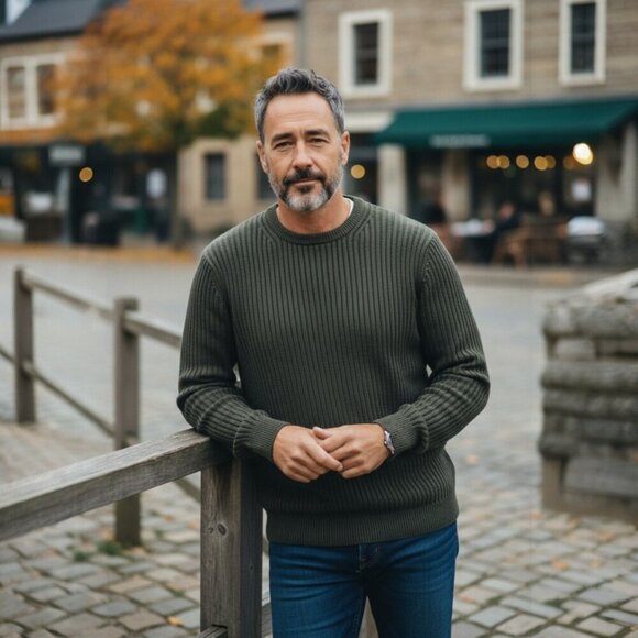 GAP SZ L Men's Ribbed Crewneck 100% Lambswool Ribbed Knit Green Crewneck Sweater - Picture 1 of 7